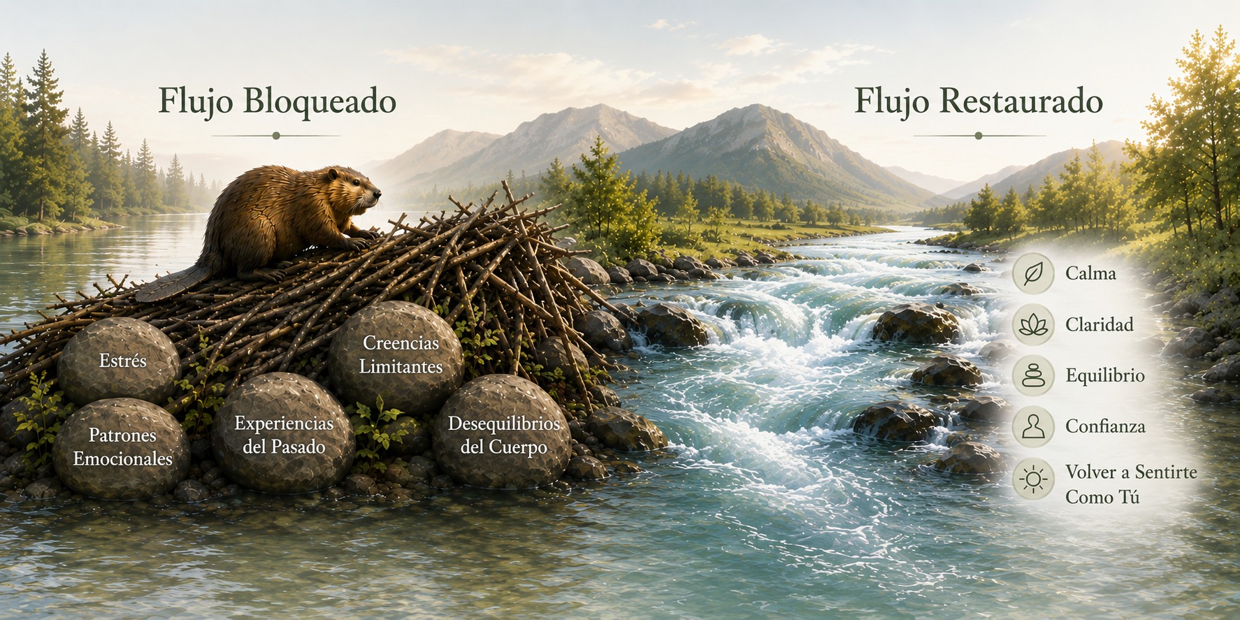 Una ilustración de un río: a la izquierda, una presa de ramas construida por un castor bloquea el flujo, rodeada de piedras con las etiquetas Estrés, Patrones Emocionales, Experiencias del Pasado, Creencias Limitantes y Desequilibrios del Cuerpo; a la derecha, el río fluye libre y claro, con íconos junto a las palabras Calma, Claridad, Equilibrio, Confianza y Volver a Sentirte Como Tú.